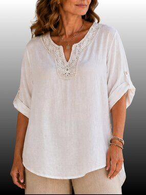 Lungo L'Arno White 100% Linen Embroidered Hi-Low Blouse 1X Roll Tab Coastal EUC